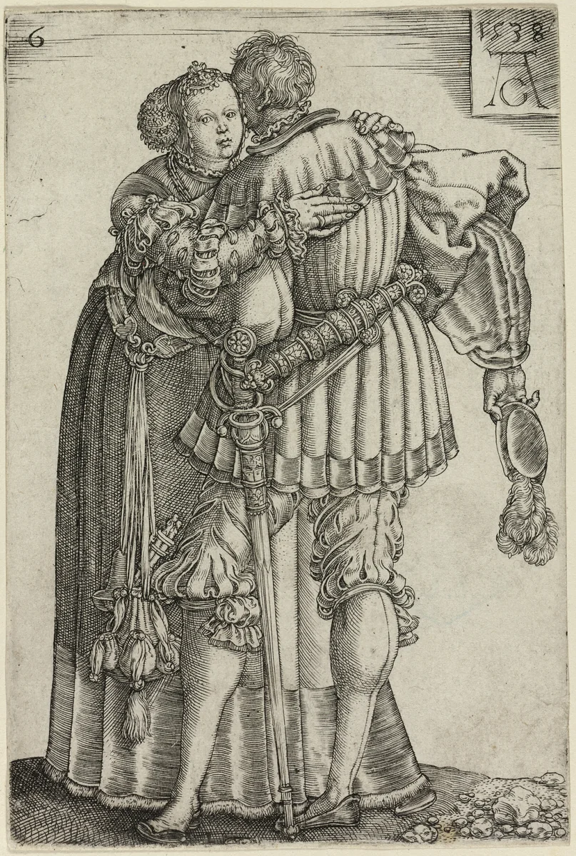 Couple Embracing, plate six from The Large Wedding-Dancers by Heinrich Aldegrever, print, 1538