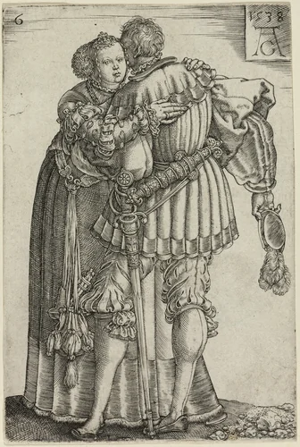 Couple Embracing, plate six from The Large Wedding-Dancers by Heinrich Aldegrever, print, 1538