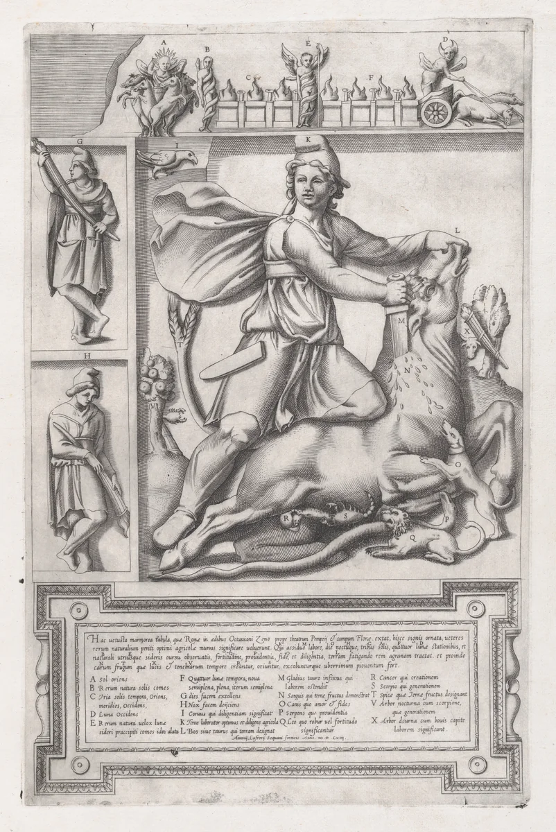 Statue of Mithras, from "Speculum Romanae Magnificentiae" by anonymous, print, 1564