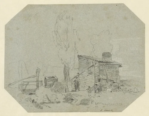 Houten keet in een landschap met twee bomen en een bruggetje by John Linnell, drawing, 1802-1882
