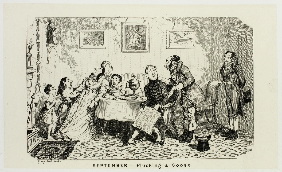 September - Plucking a Goose from George Cruikshank's Steel Etchings to The Comic Almanacks: 1835-1853 by George Cruikshank, print, 1839