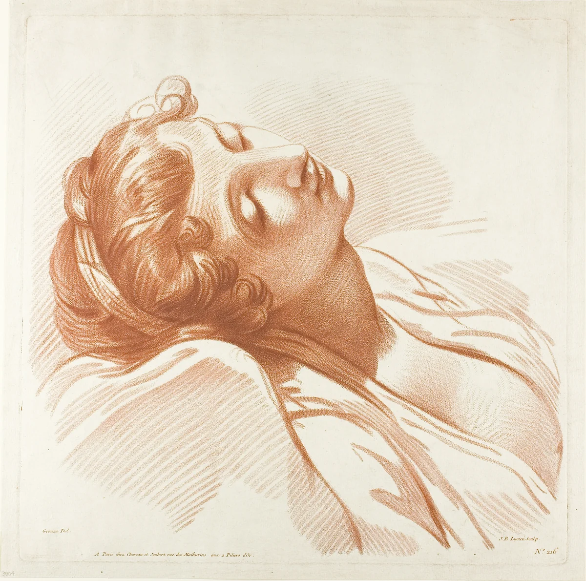 Head of a Young Woman Asleep by Jean-Baptiste Lucien, print, 1787-1795