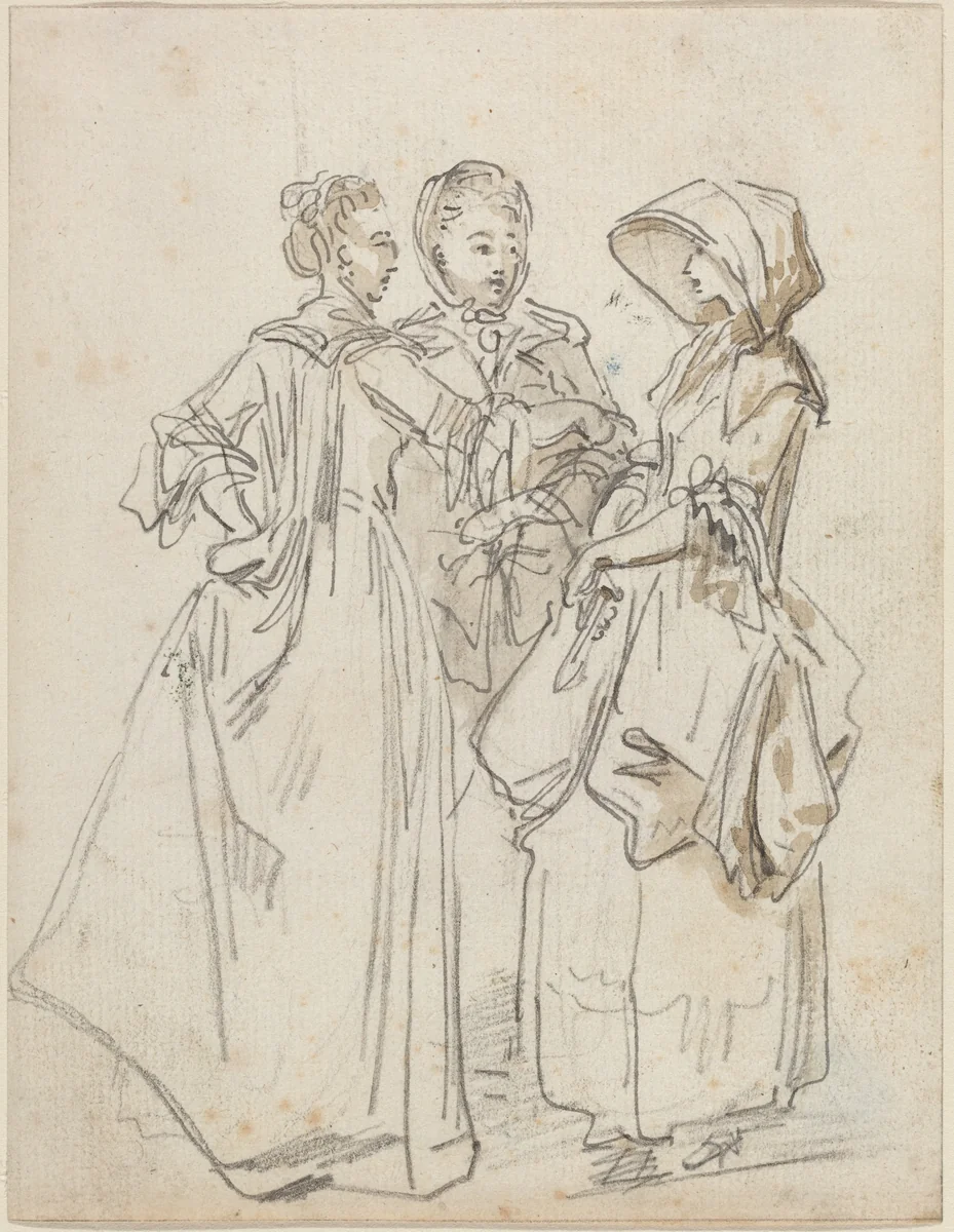 Three Ladies Chatting by Hubert Robert, drawing, 1733-1808