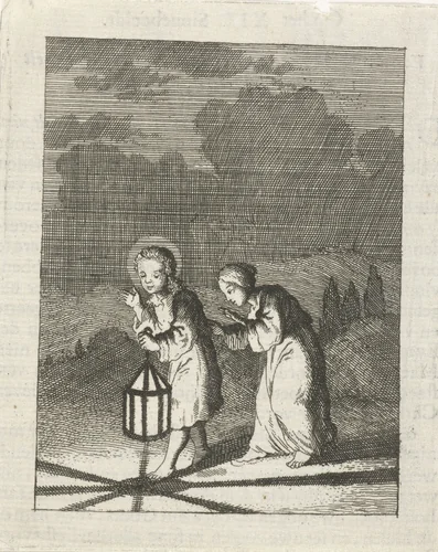 Christus leidt de gepersonifieerde ziel met een lantaarn door de nacht by Jan Luyken, print, 1678-1687
