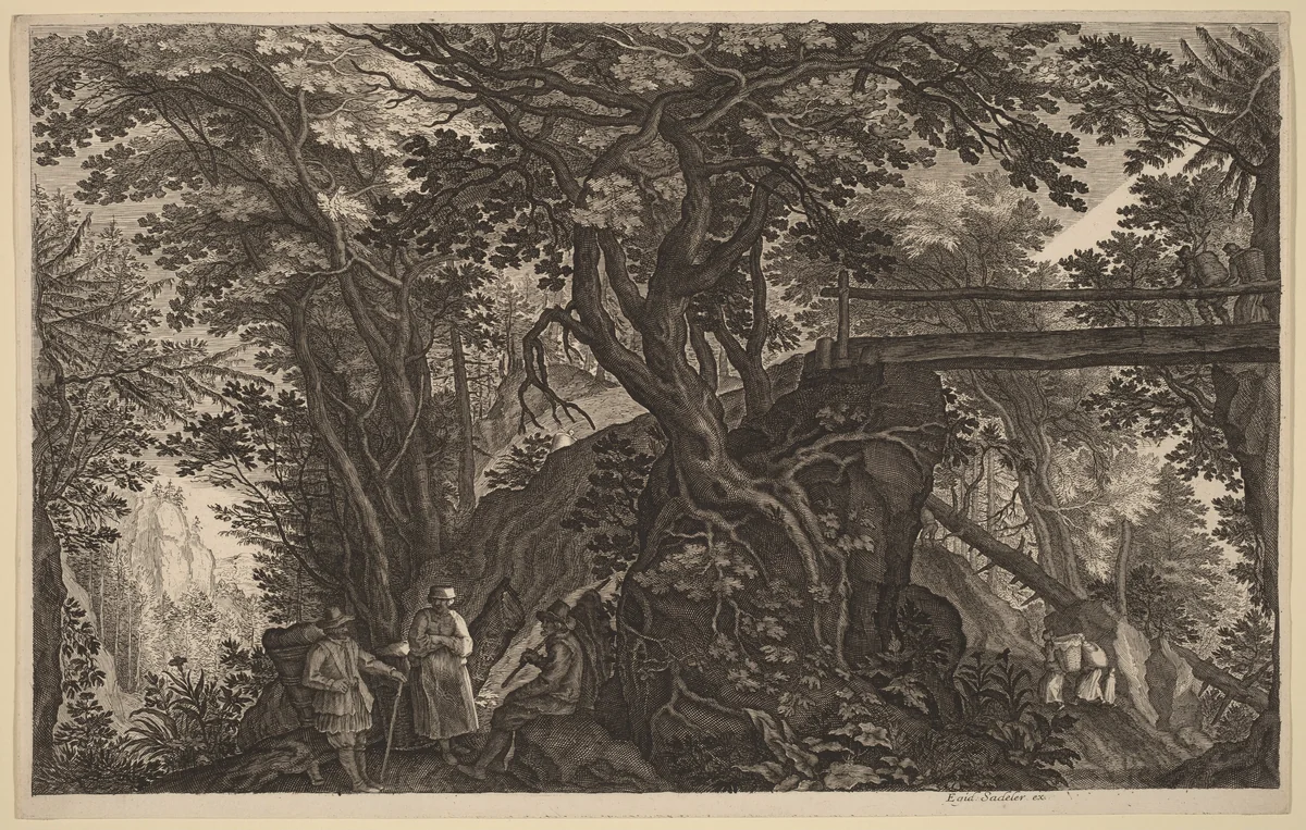 Forest Landscape with Two Men and a Woman Resting near a Bridge by Aegidius Sadeler II; Pieter Stevens, print, 1570-1629