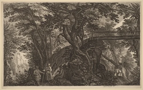 Forest Landscape with Two Men and a Woman Resting near a Bridge by Aegidius Sadeler II; Pieter Stevens, print, 1570-1629