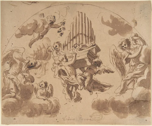 Putti Carrying Organ Pipes by anonymous, drawing, 1600-1700