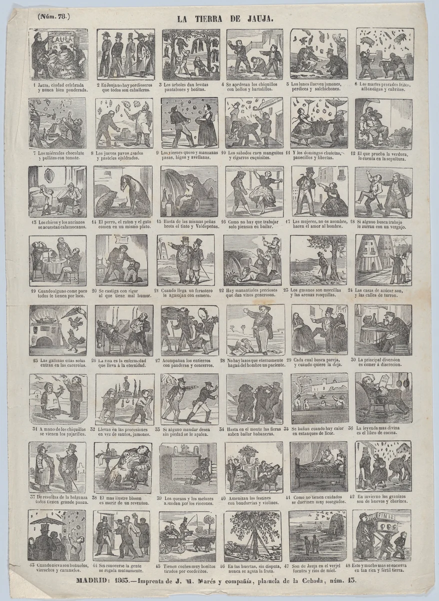 Broadside with 48 scenes depicting the land of Jauja by José María Marés, print, 1863