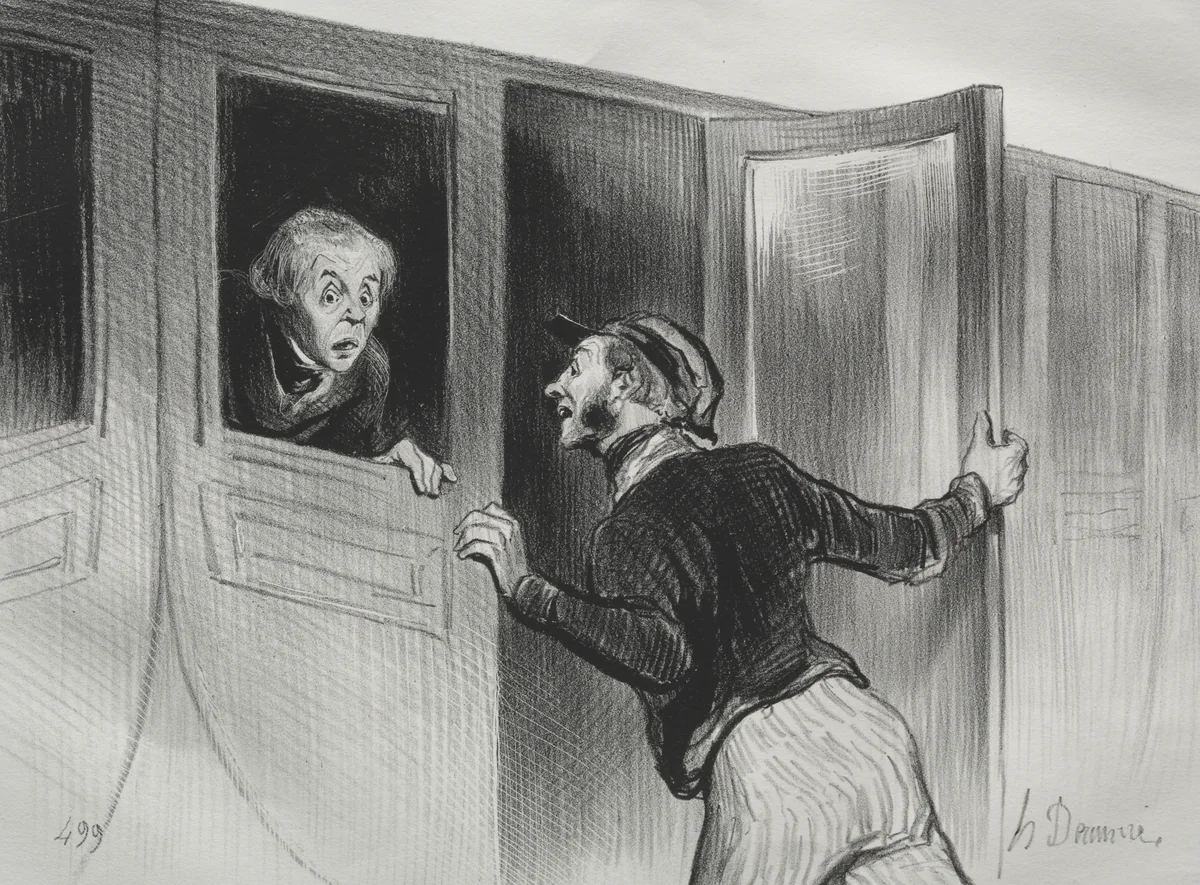 The Hazard of Sleeping on a Journey by Honoré Daumier, print, 1843