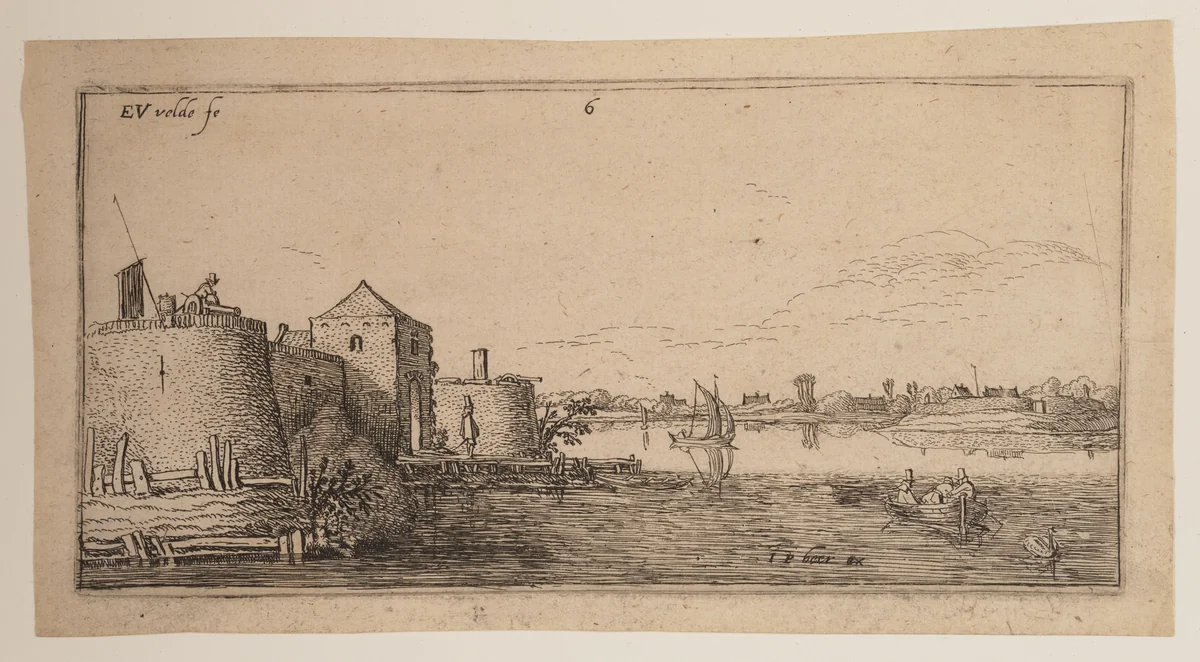 Walled Town, Left of a River, from Landscapes by Esaias van de Velde, print, 1610-1630