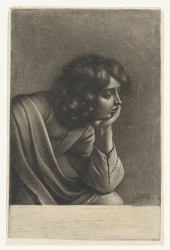 Jongen leunend op zijn arm by Wallerant Vaillant, print, 1658-1677