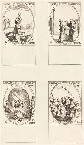 St. Irene & Companions; St. Christiana; Sts. Anania, Azaria & Misael; St. Florianus & Companions by Jacques Callot, print, 1627-1637