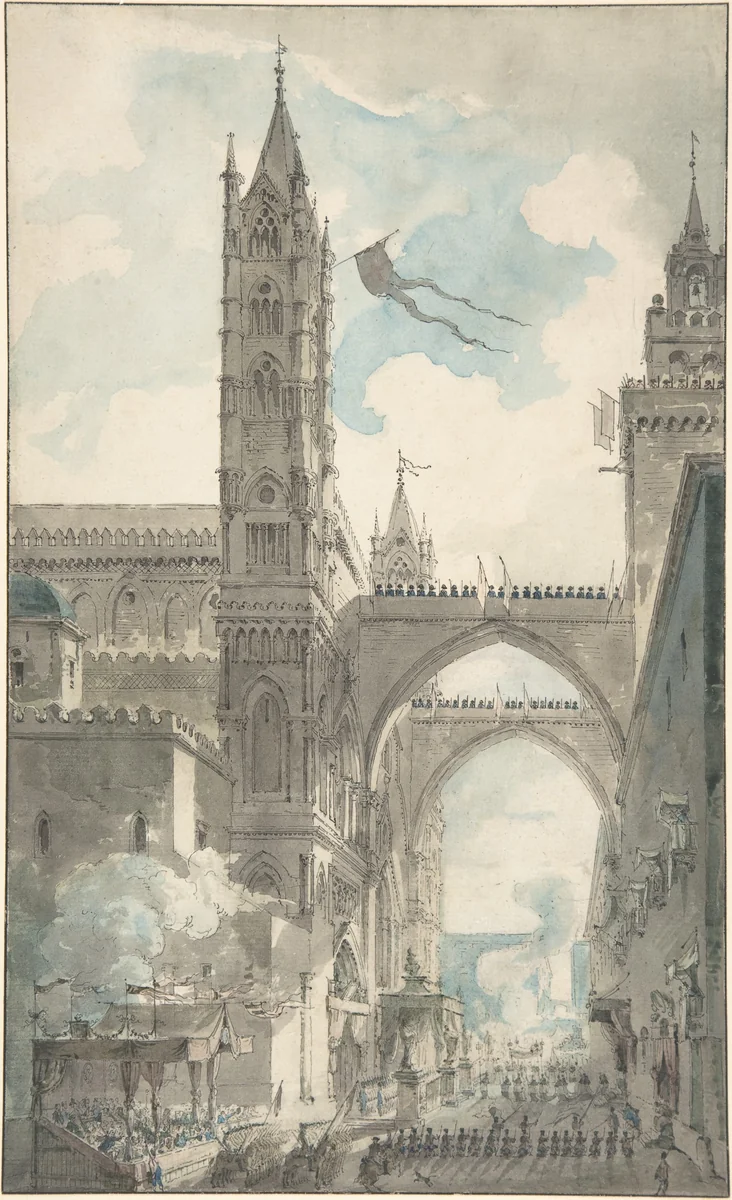 View of the Portal and Principal Entrance of the Cathedral of Palermo during the Festival of Sta. Rosalia by Louis Jean Desprez, drawing, 1755-1804