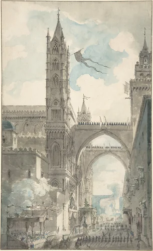 View of the Portal and Principal Entrance of the Cathedral of Palermo during the Festival of Sta. Rosalia by Louis Jean Desprez, drawing, 1755-1804
