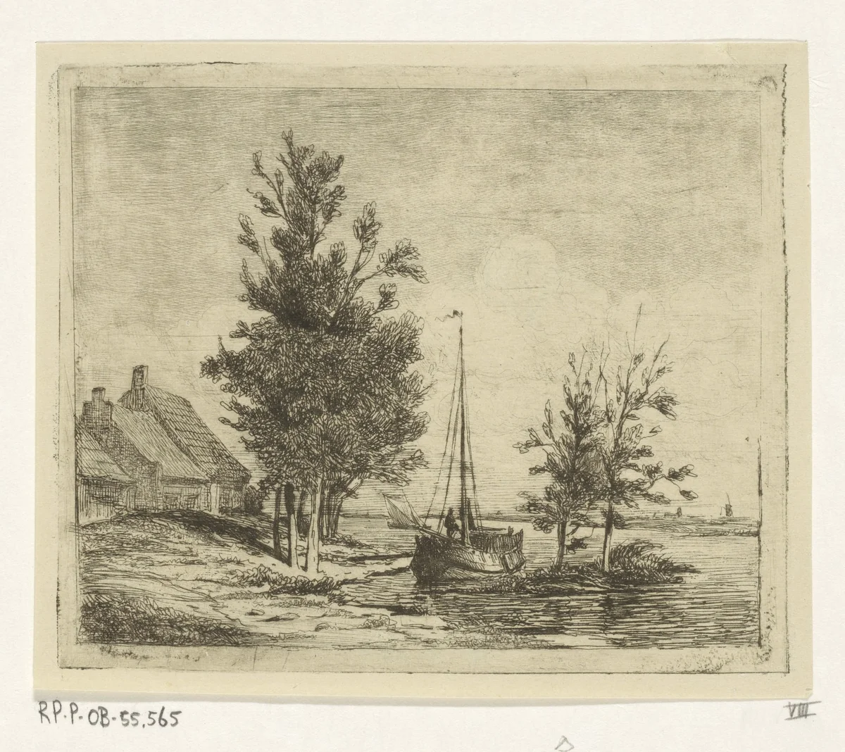 Rivierlandschap met zeilschip en boerderij by Lambertus Hardenberg, print, 1837-1900