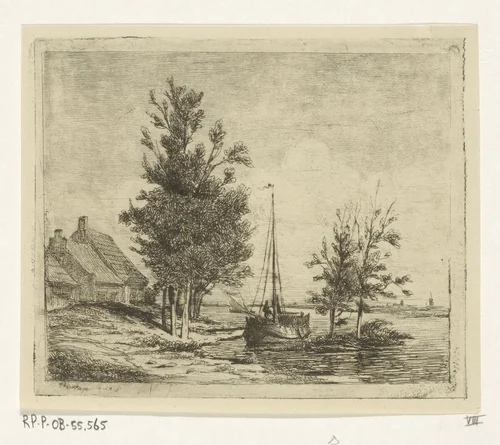 Rivierlandschap met zeilschip en boerderij by Lambertus Hardenberg, print, 1837-1900