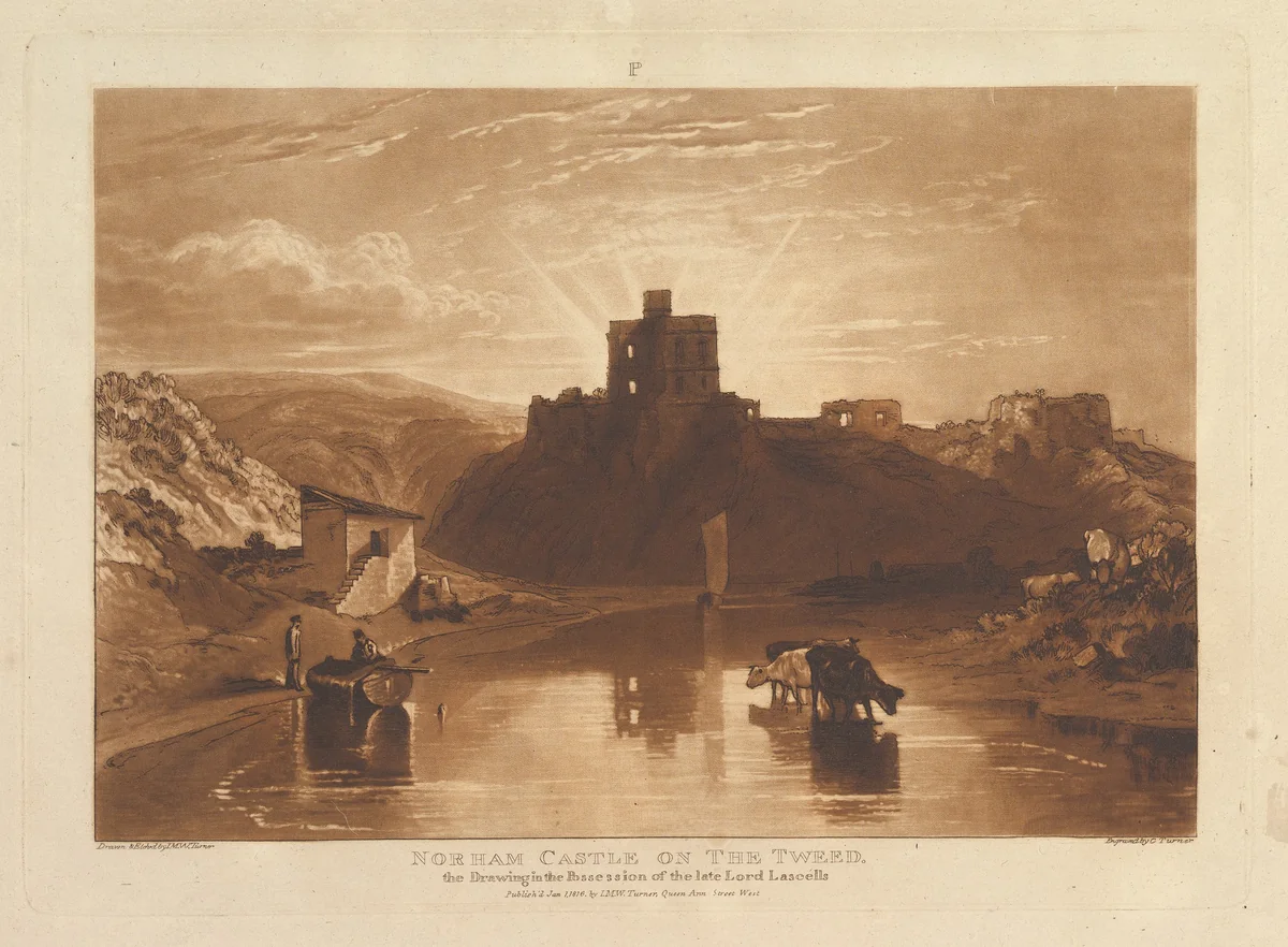 Norham Castle on the Tweed, part XII, plate 57 from "Liber Studiorum" by Joseph Turner, print, 1816