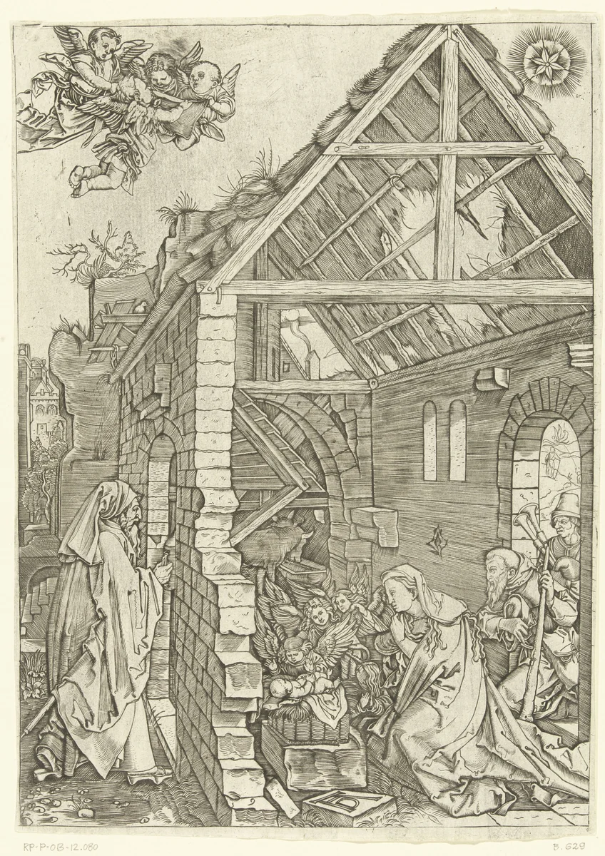 Aanbidding van Christus door herders en Maria en Jozef en engelen by Marcantonio Raimondi, print, 1510-1515