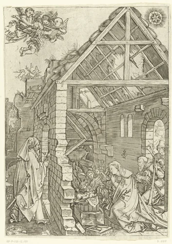 Aanbidding van Christus door herders en Maria en Jozef en engelen by Marcantonio Raimondi, print, 1510-1515