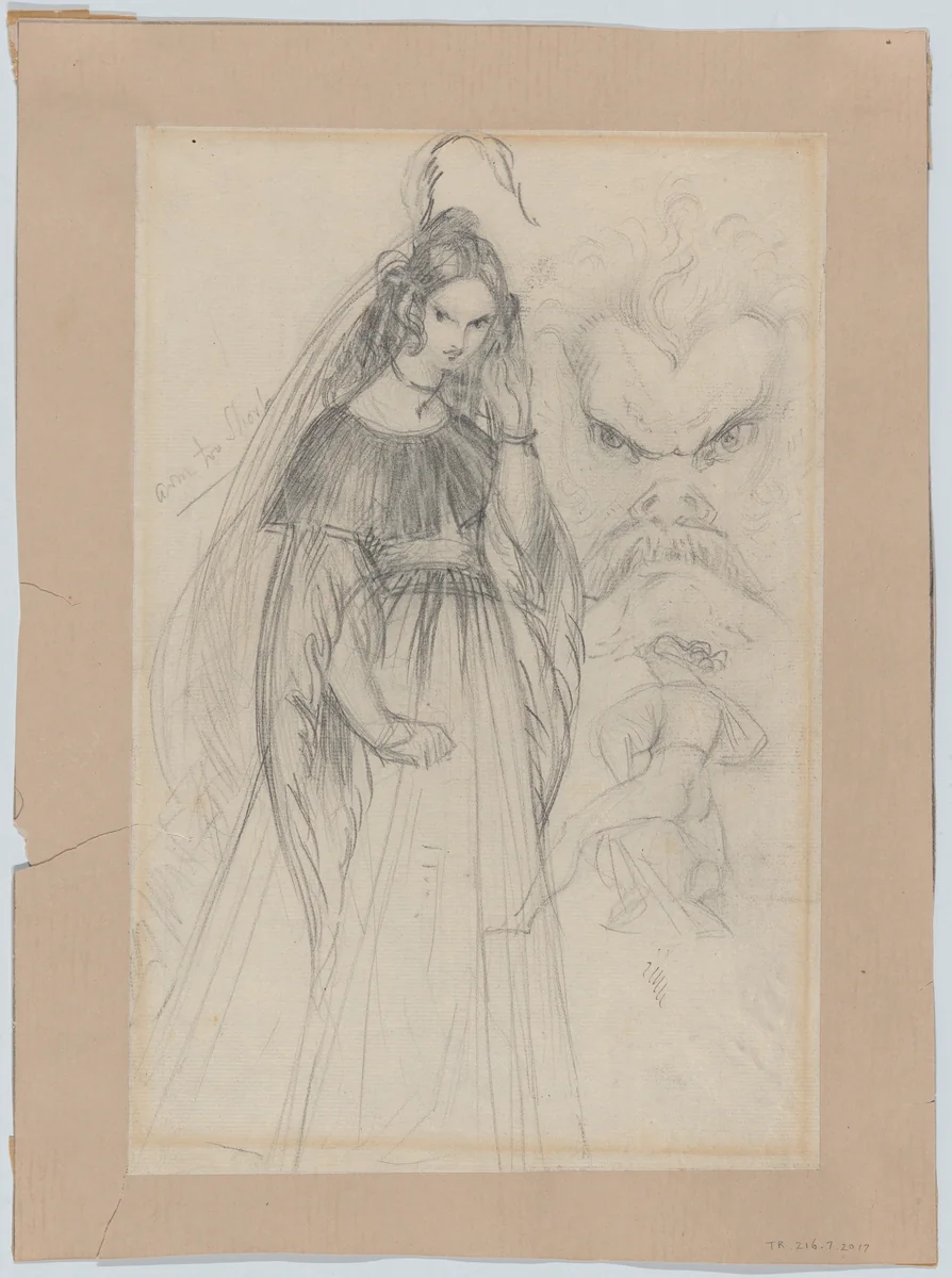 A Femme Fatale, a mask-like male face, and male figure seen from behind (recto). An angel descending stairs (verso) by Theodor Holst, drawing, 1836-1844