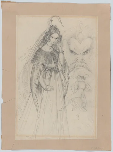A Femme Fatale, a mask-like male face, and male figure seen from behind (recto). An angel descending stairs (verso) by Theodor Holst, drawing, 1836-1844