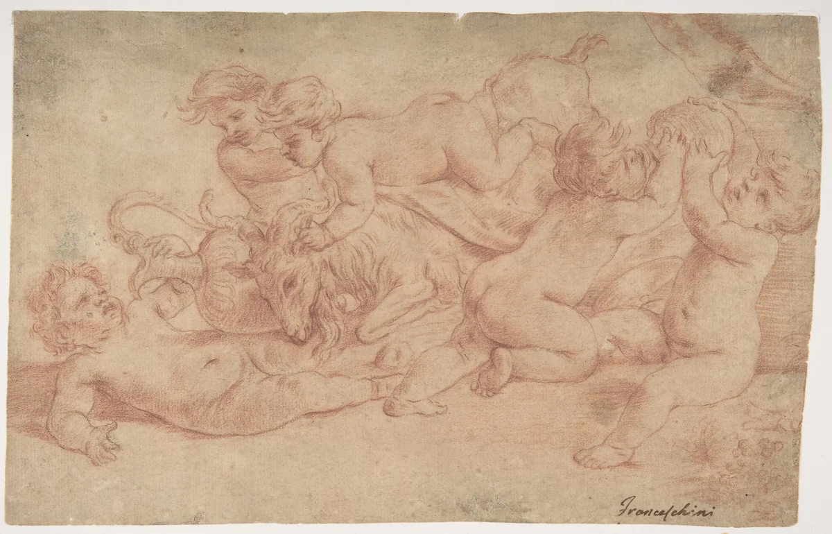 Five Putti Playing with a Goat (Bacchanalia) by Carlo Cignani, drawing, 1685-1695