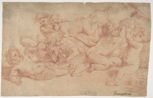 Five Putti Playing with a Goat (Bacchanalia) by Carlo Cignani, drawing, 1685-1695