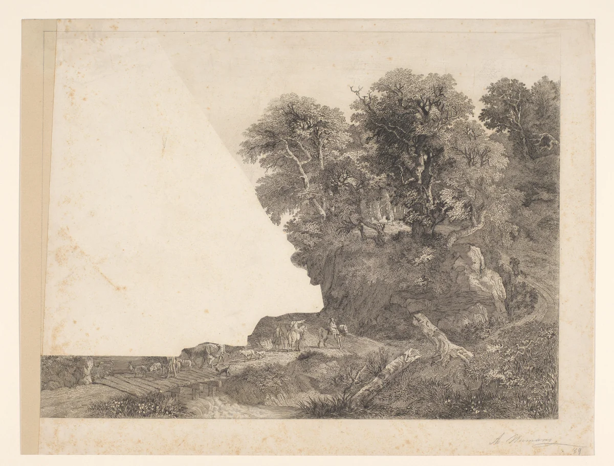 Landschap met dieren en figuren op een weg langs een rivier by Auguste Numans, print, 1833-1879