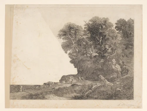 Landschap met dieren en figuren op een weg langs een rivier by Auguste Numans, print, 1833-1879