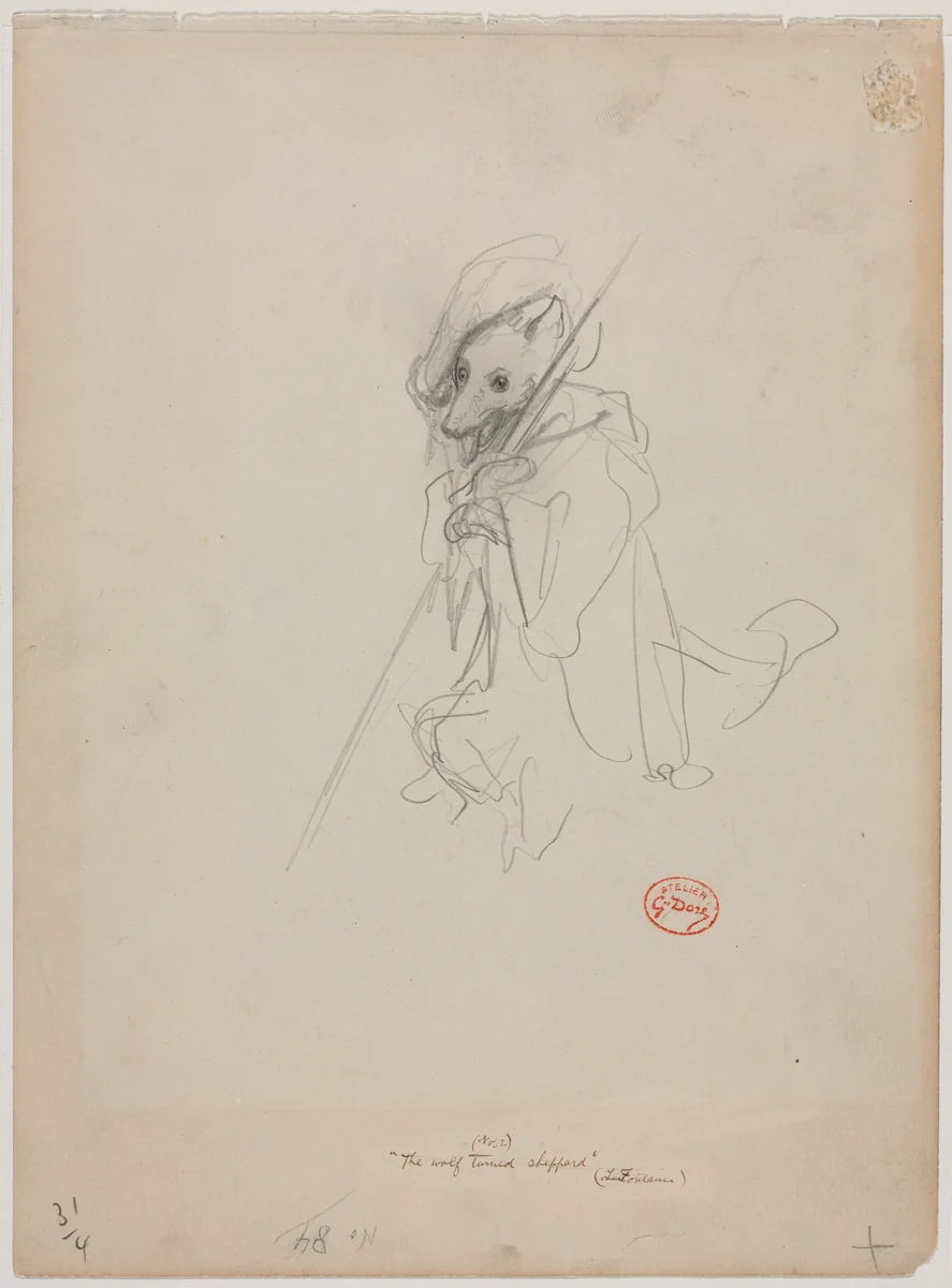 Sketch for "The Wolf Turned Shepherd" (recto) by Gustave Doré, drawing, 1863-1873