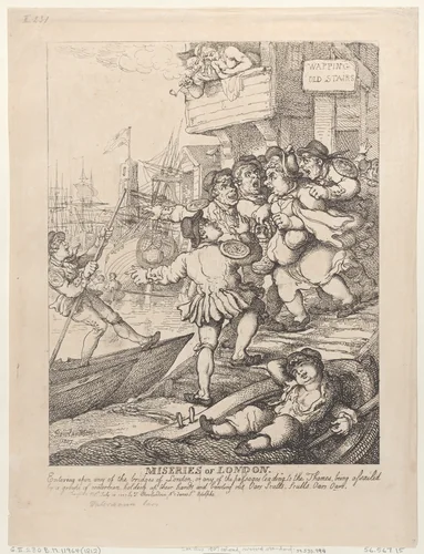Miseries of London: Entering upon any of the bridges of London or any of the passages leading to the Thames being assailed by a group of watermen holding up their hands and bawling out. Oars Sculls. Sculls. Oars. Oars. by Thomas Rowlandson, print, 1807