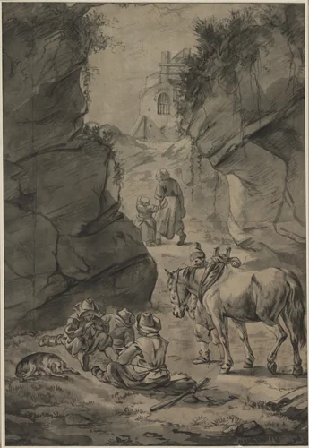 Peasants in a Rocky Landscape by Jan Wouwerman, drawing, 1629-1666