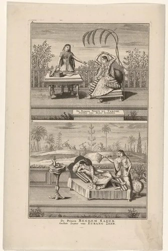 De prinsessen Noer El Tadjoe en Begquem Saheb by Jan Lamsvelt, print, 1724-1726
