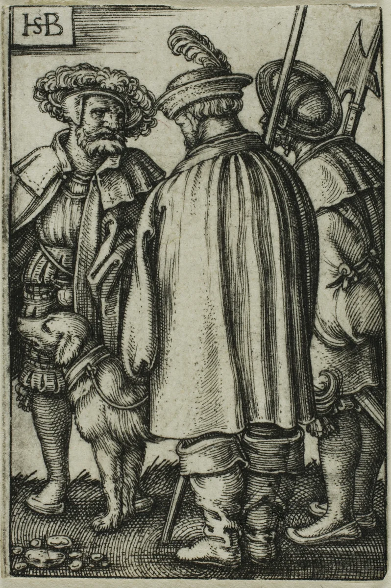 Three Soldiers and a Dog by Sebald Beham, print, 1520-1550
