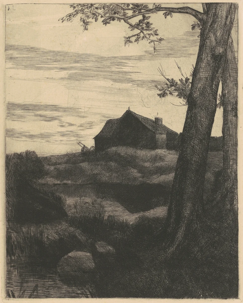 Farm with a Large Tree (La Ferme au Grand Arbre) by Alphonse Legros, print, 1855-1877