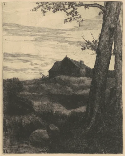 Farm with a Large Tree (La Ferme au Grand Arbre) by Alphonse Legros, print, 1855-1877
