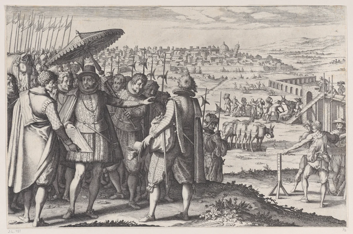Restauration de L'Aqueduc de Pise (Restoring the Aqueduct in Pisa), from "La Vie de Ferdinand Ier de Médicis série appelée aussi Les Batailles des Médicis" (The Life of Ferdinand I de'Medici also called The Medici Battles) by Jacques Callot, print, 1614-1620