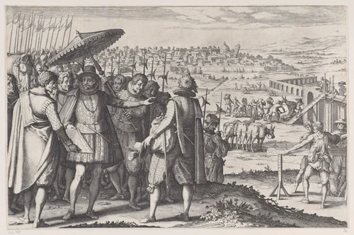 Restauration de L'Aqueduc de Pise (Restoring the Aqueduct in Pisa), from "La Vie de Ferdinand Ier de Médicis série appelée aussi Les Batailles des Médicis" (The Life of Ferdinand I de'Medici also called The Medici Battles) by Jacques Callot, print, 1614-1620