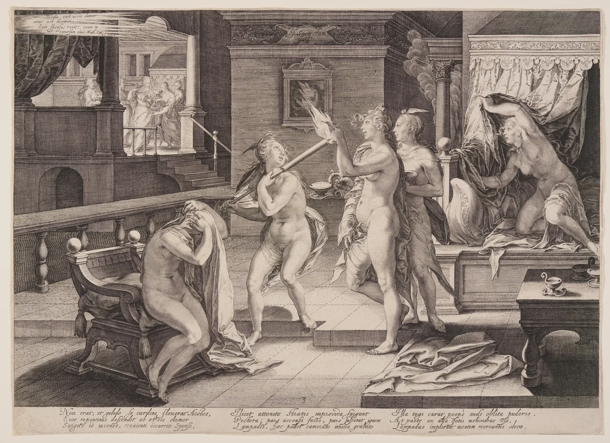 Virgins Receiving their Lamps, from Parable of the Wise and Foolish Virgins by Jan Saenredam, print, 1606