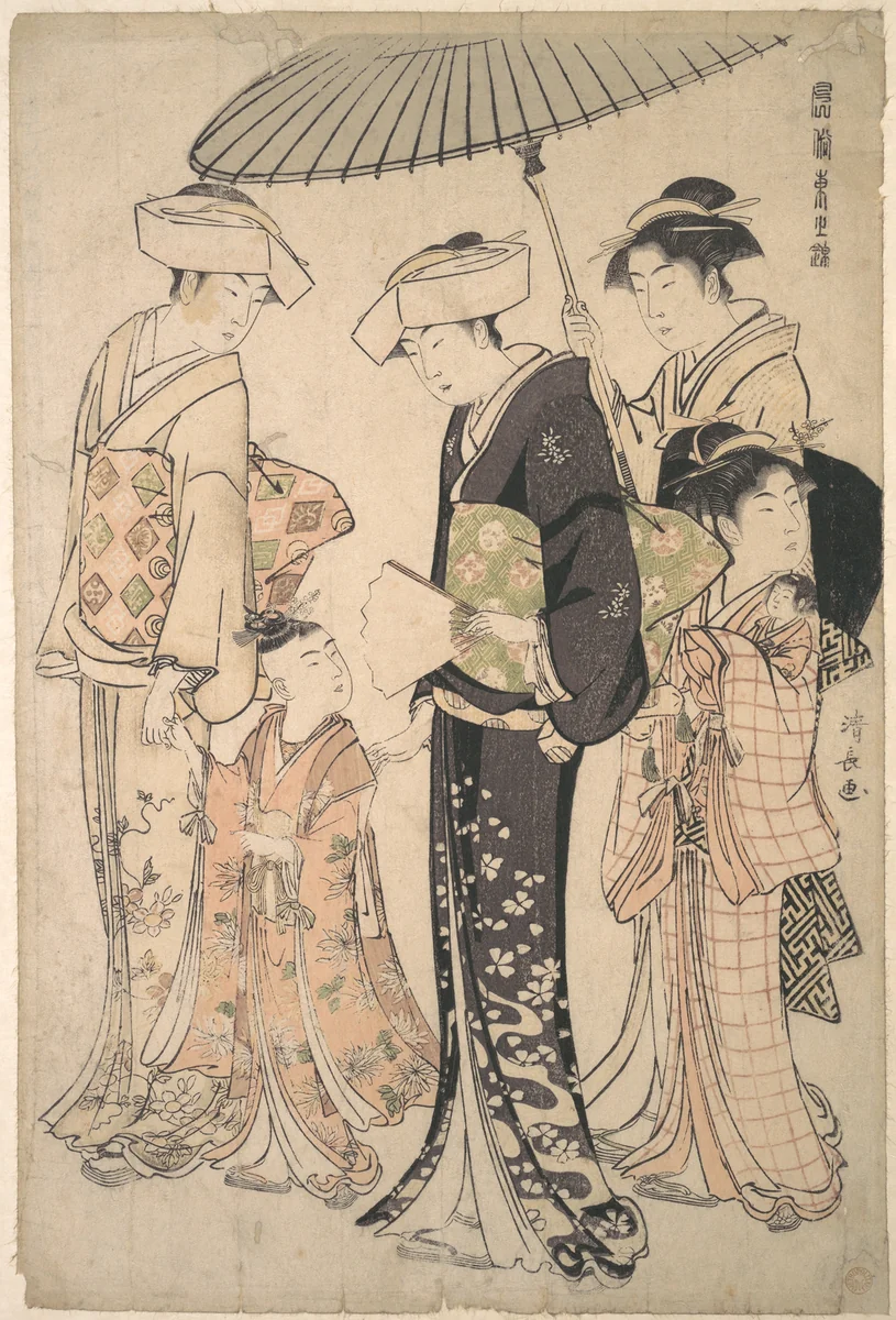 Two Women in Summer Costume Taking a Young Girl to a Shinto Temple for the Miya Mairi Ceremony by Torii Kiyonaga (鳥居清長), print, 1773-1793