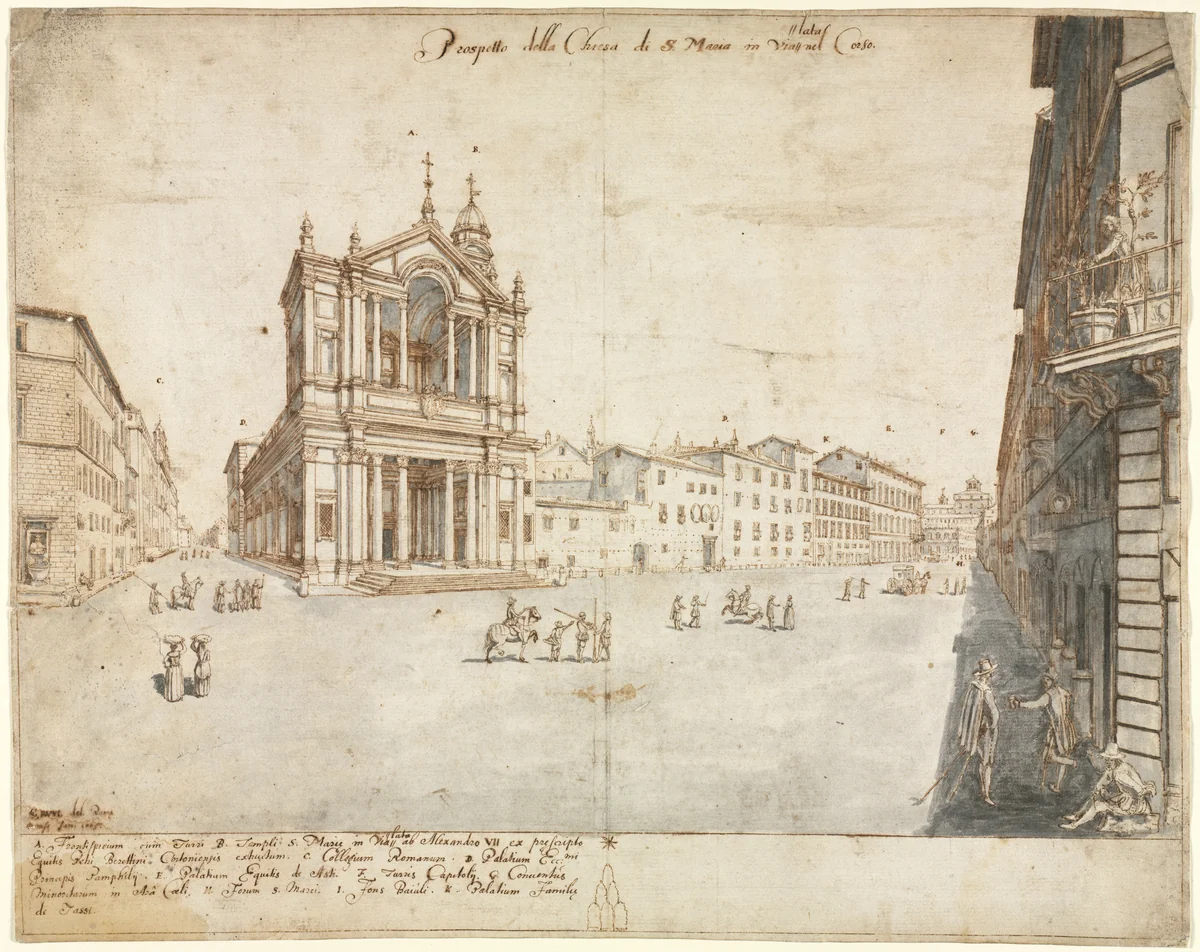 Eighteen Views of Rome: Santa Maria in Via Lata by Lievin Cruyl, drawing, 1665