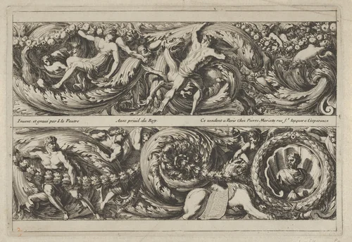 Two Designs for Friezes with Acanthus Scrolls, from "Frises, Feuillages ou Tritons Marins à la romaine" by Jean Le Pautre, print, 1635-1645
