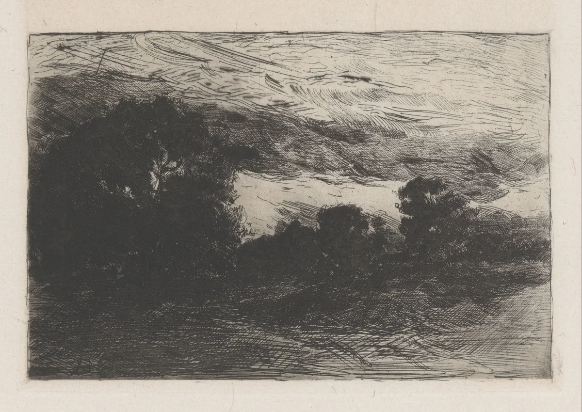 Landschap met bomen en stormachtige lucht by Barbara van Houten, print, 1877-1937