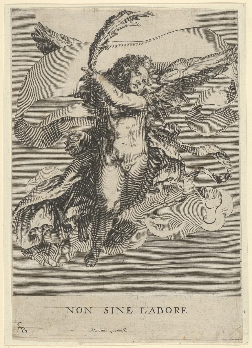 Winged genius holding a olive branch and a banderole by Cherubino Alberti, print, 1620-1700