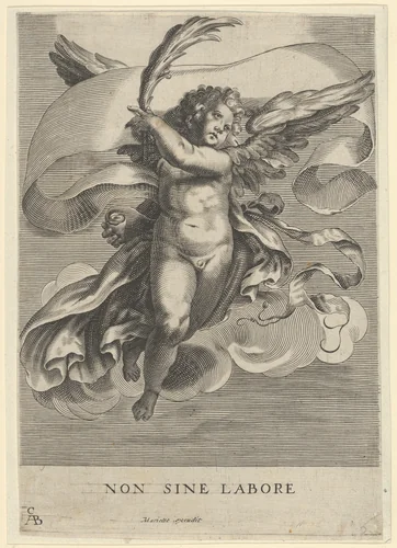 Winged genius holding a olive branch and a banderole by Cherubino Alberti, print, 1620-1700