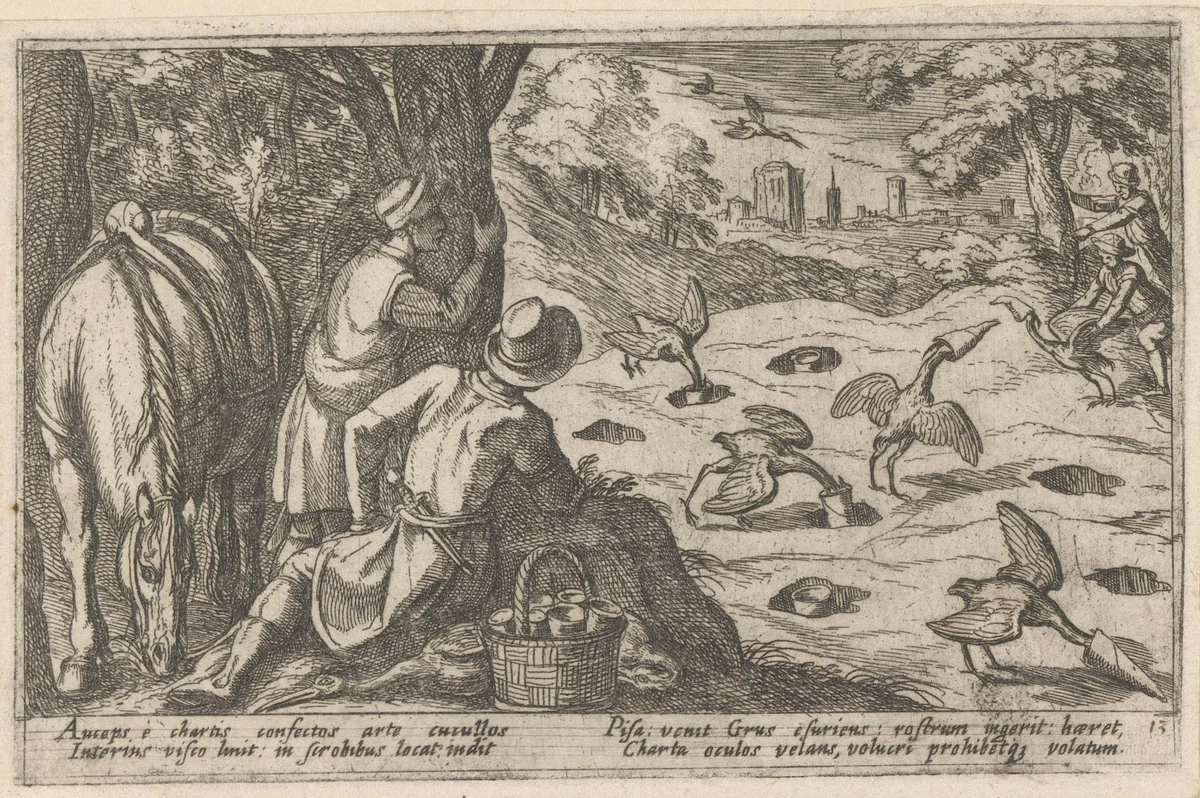 Jacht op vogels met lokkuilen en vogellijm by Antonio Tempesta, print, 1602