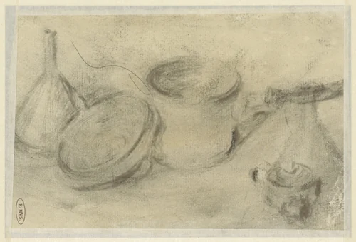 Schets van een stilleven van pannen en een fles by Théodule Augustin Ribot, drawing, 1833-1891