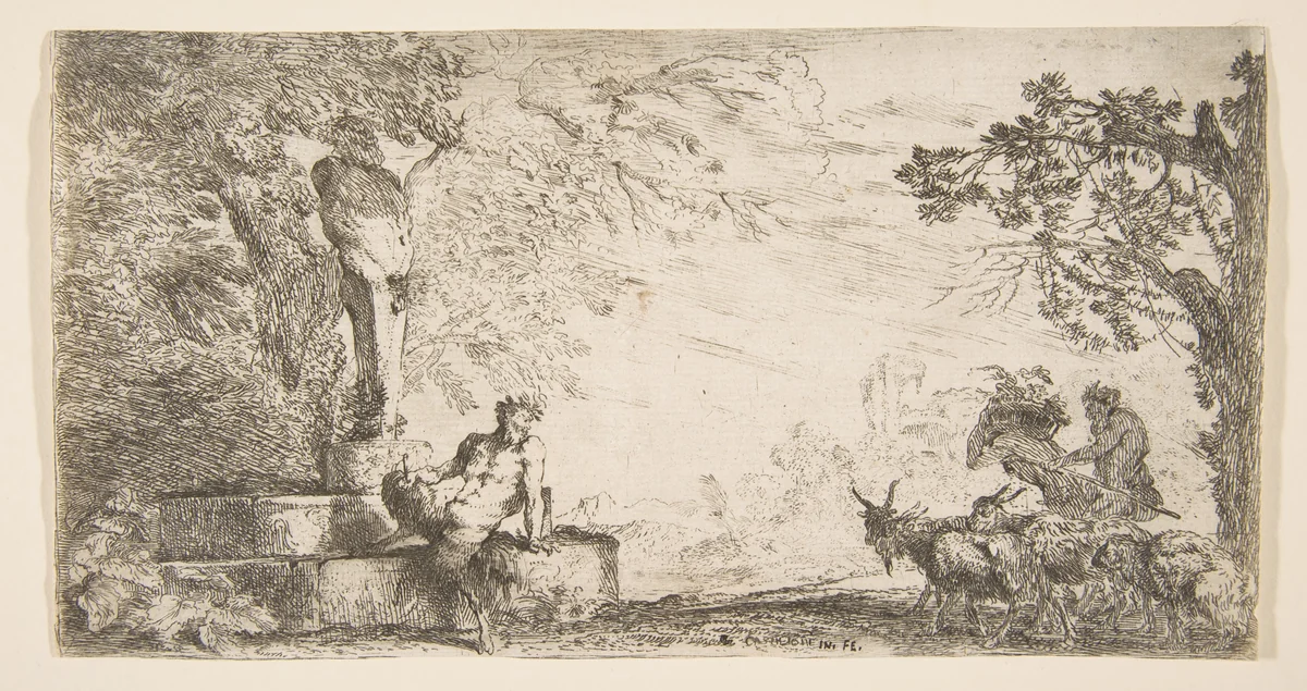 A satyr reclining at the foot of a staute of Priapus, goats at the right by Giovanni Benedetto Castiglione, print, 1640-1650