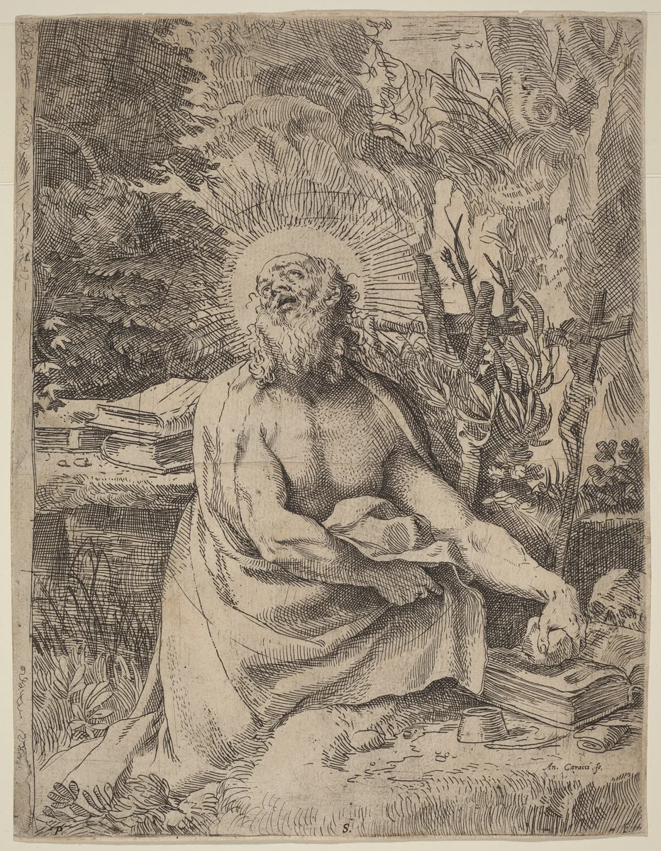 Saint Jerome in the Wilderness by Annibale Carracci; Pietro Stefanoni, print, 1591