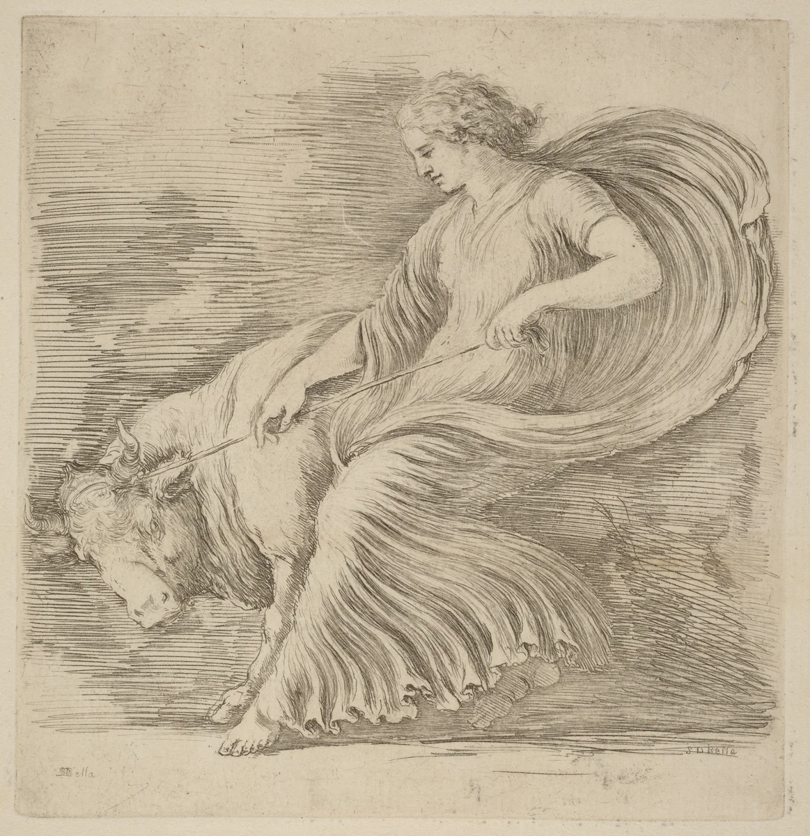 Woman with a Young Bull by Stefano della Bella, print, 1610-1664